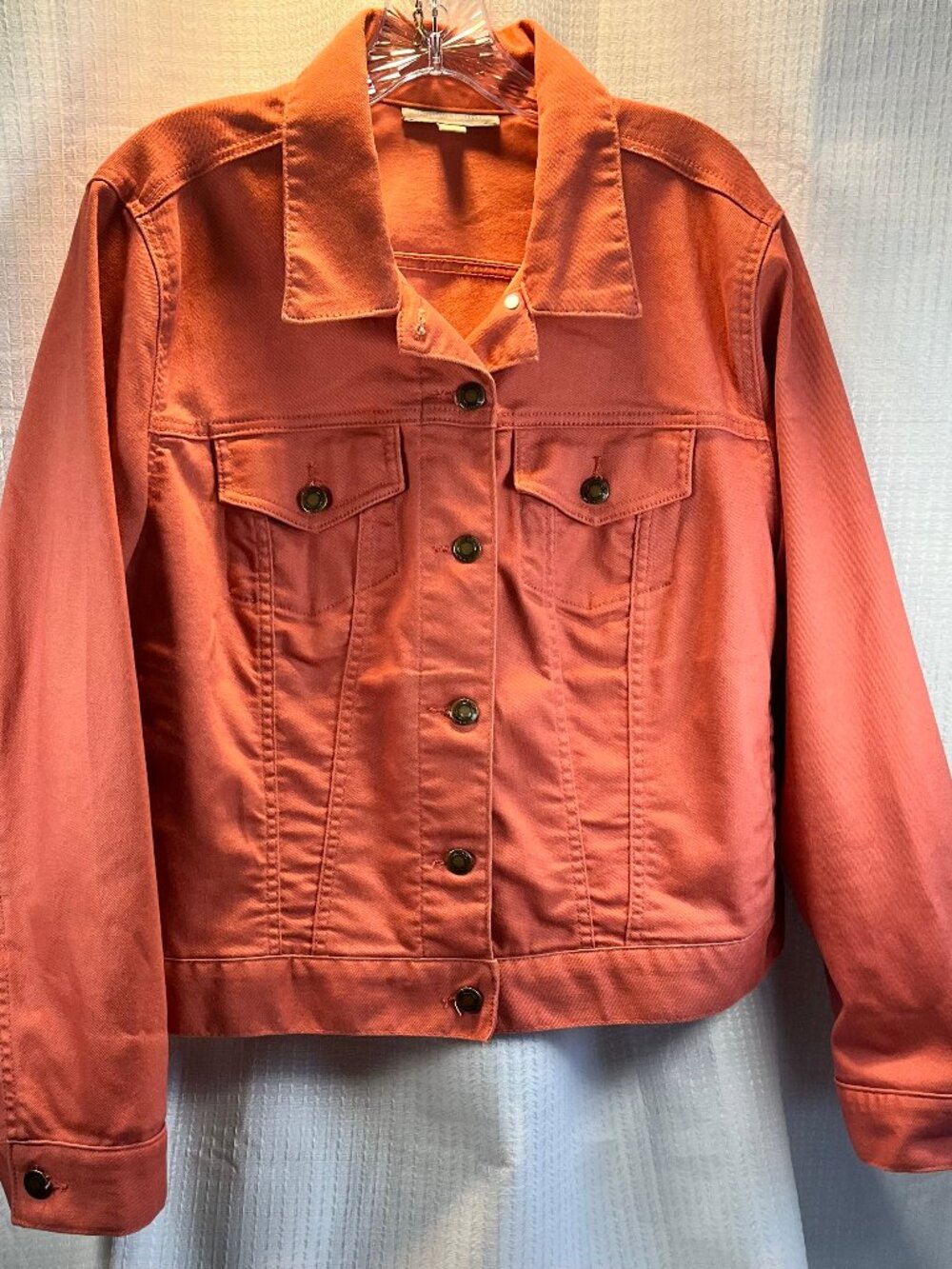 Woman Within Stretch Denim Jacket in Coral / Peach size 18W